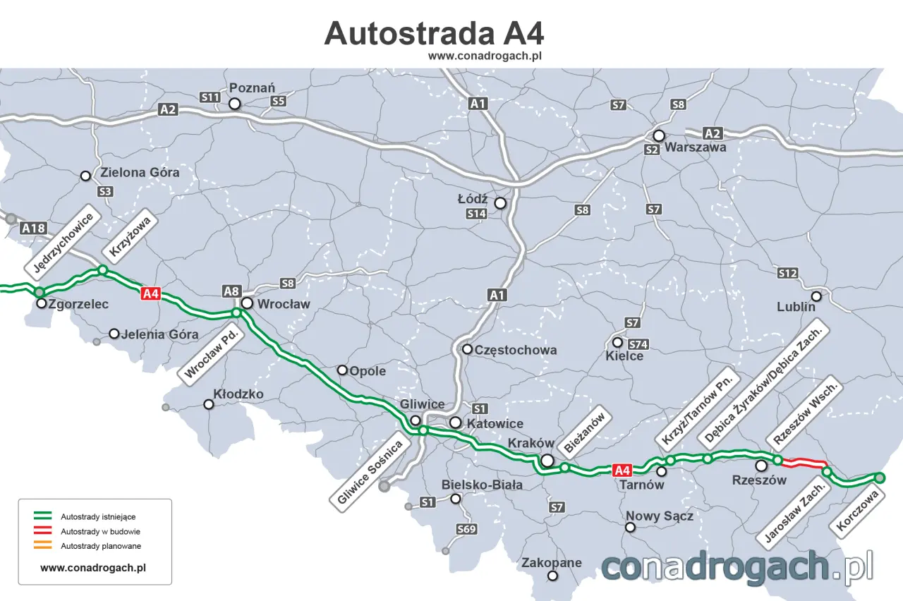Autostrada A4 na mapie, Źródło: Conadrogach.pl