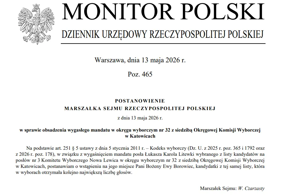Postanowienie Marszałka Sejmu RP w sprawie wygasłego mandatu/Monitor Polski
